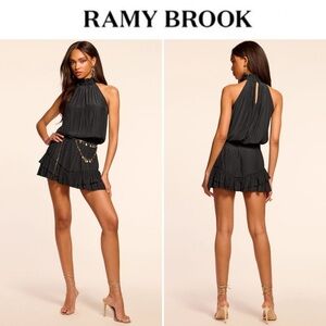 Ramy Brook Naya Sleeveless Smocked Mini Dress Black Halter Sz XS NWT 345$